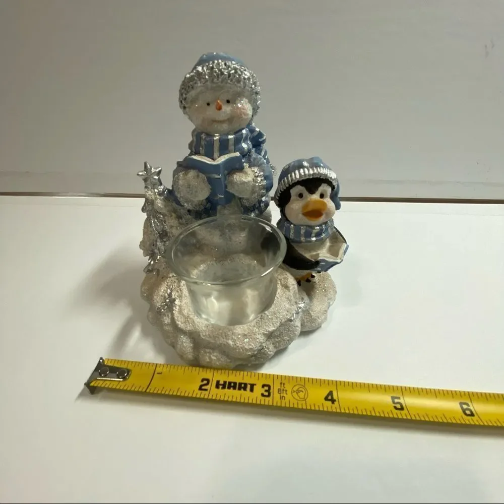 Snowman and Penguin holiday winter blue silver votive candle holder